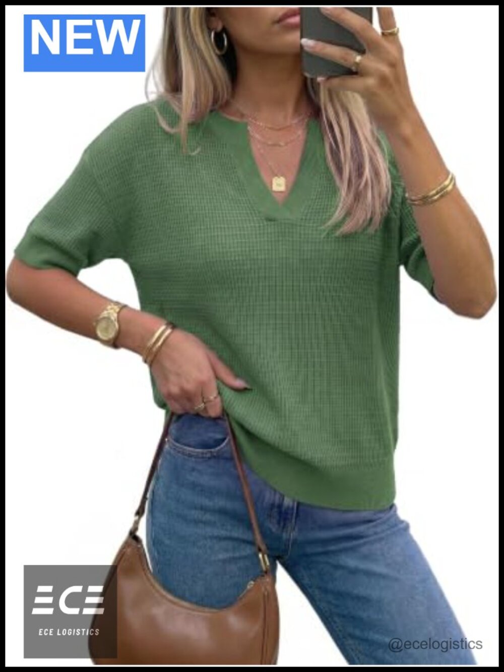Waffle Knit Short Sleeve Sweater Pullover V-Neck Work Casual Top